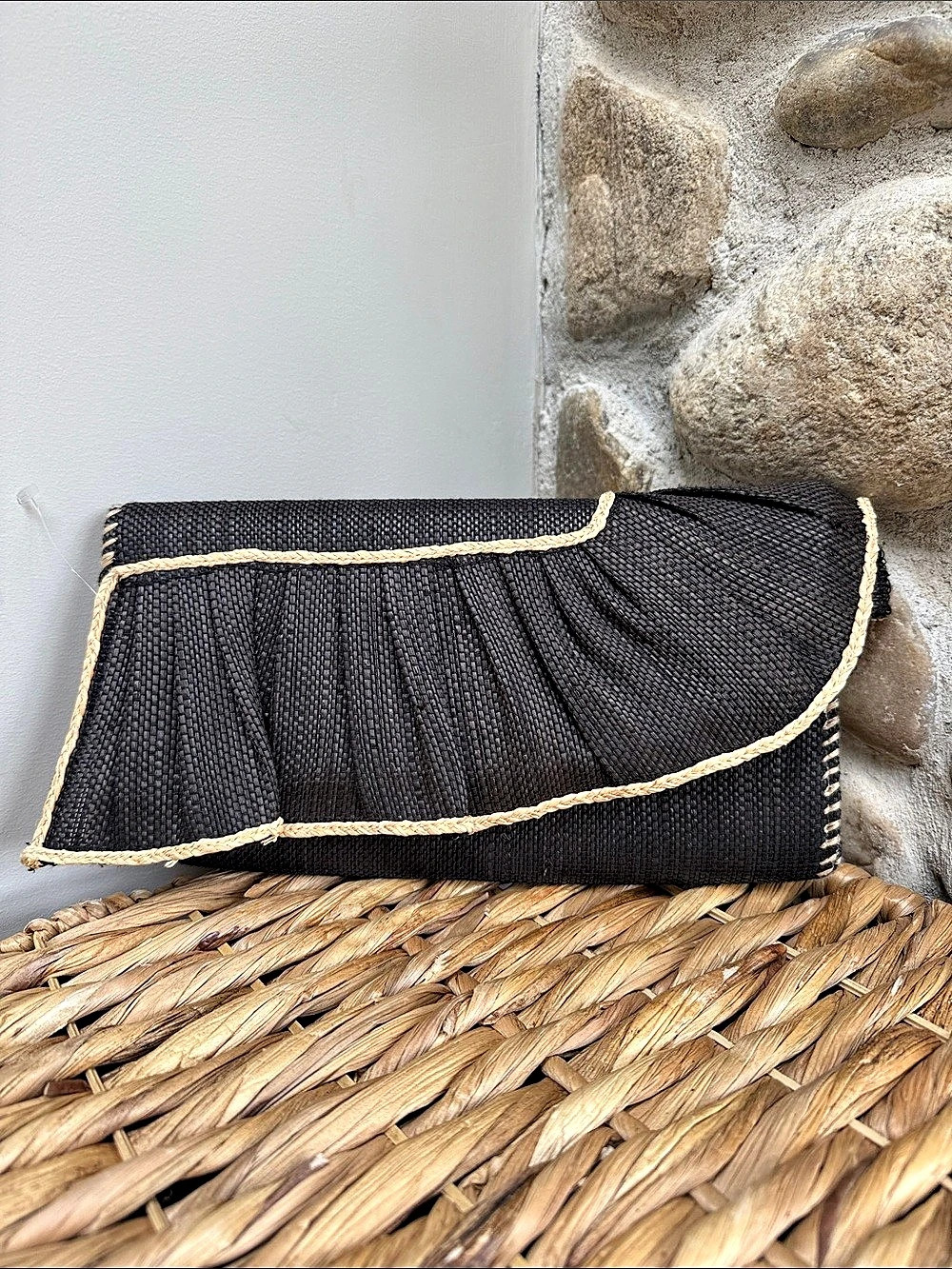 Mud Pie Black Straw Ruffle Clutch